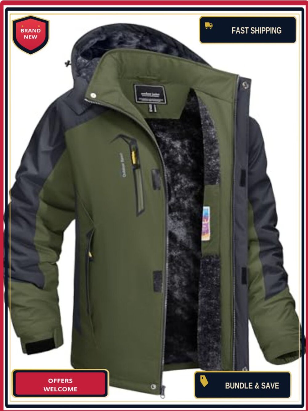Men's Waterproof Ski Jacket with Hood Fleece Lined Winter Snow Coat